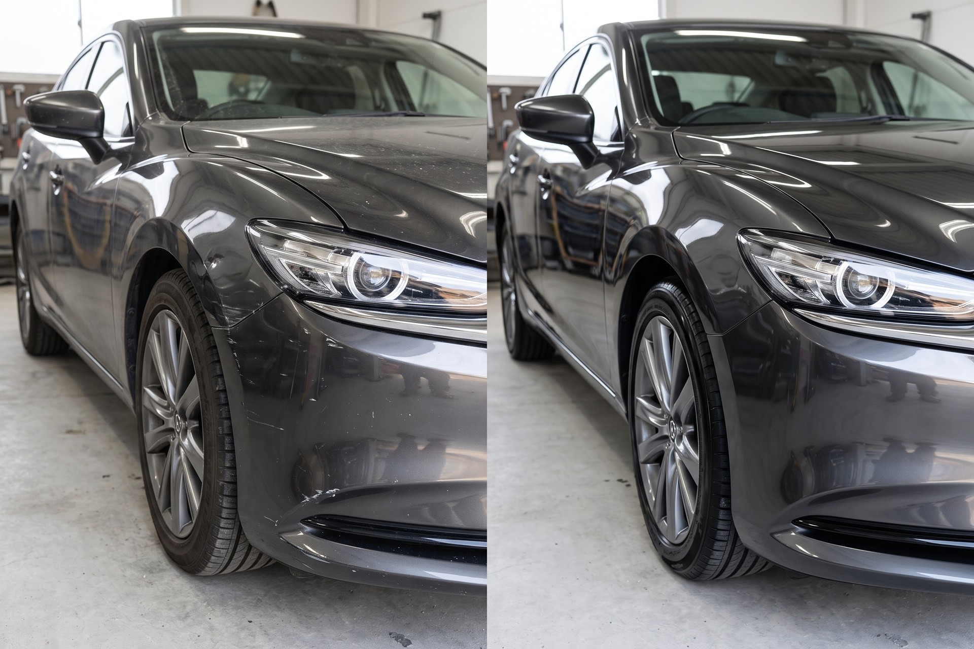 左右に並んだマツダ車のビフォーアフター画像。左側はダークグレーのバンパーに傷や汚れが目立ちますが、右側は傷が修復され、コーティングにより美しい鏡面光沢が戻っています。