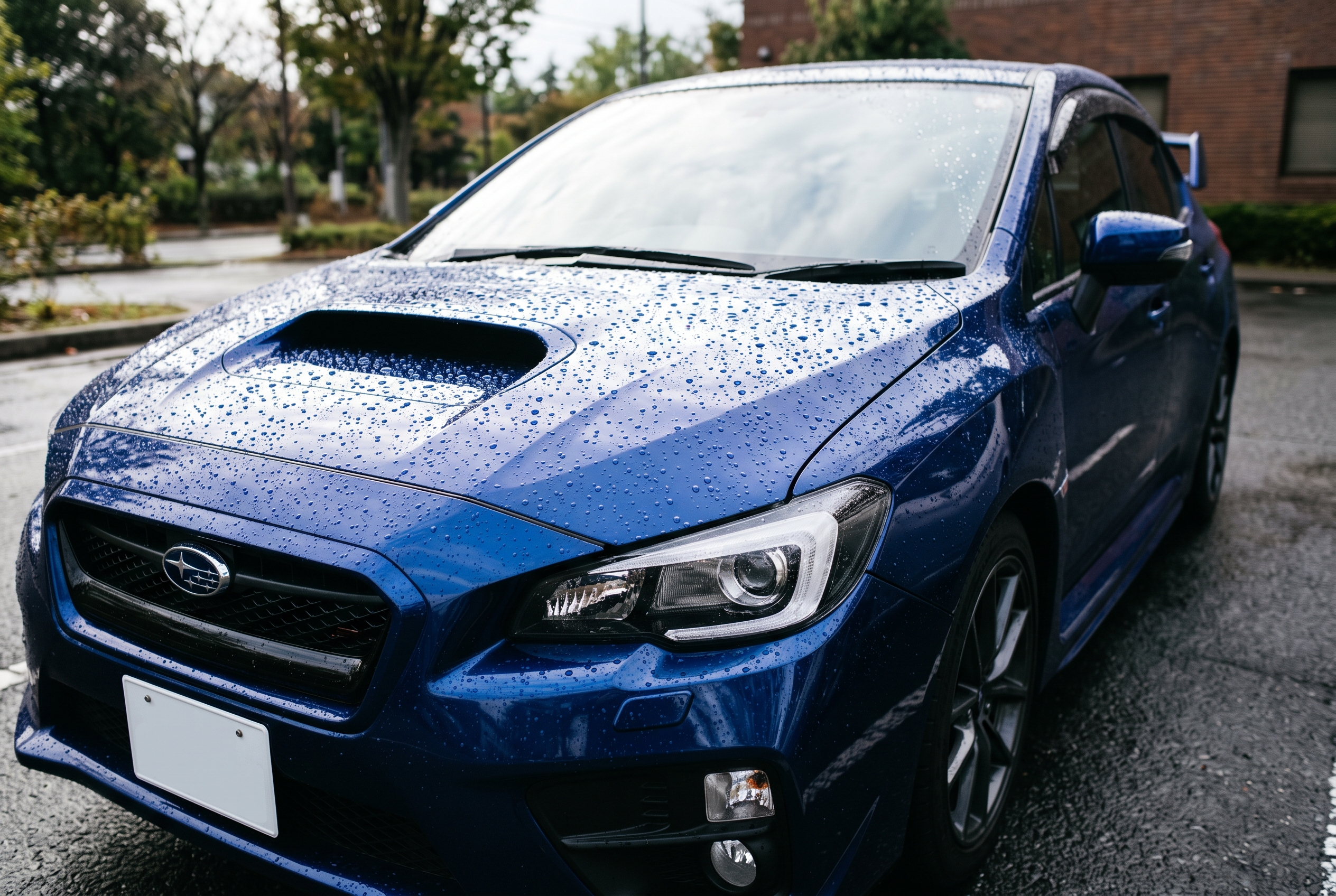 雨に濡れて美しい水滴がついた青いスバルWRXのフロントマスクとボンネット